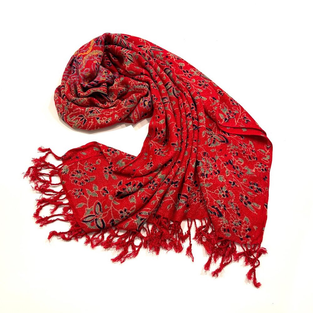 It's Red! Homestead Red Floral Rayon Scarf with Medallion Center 29x68 inches